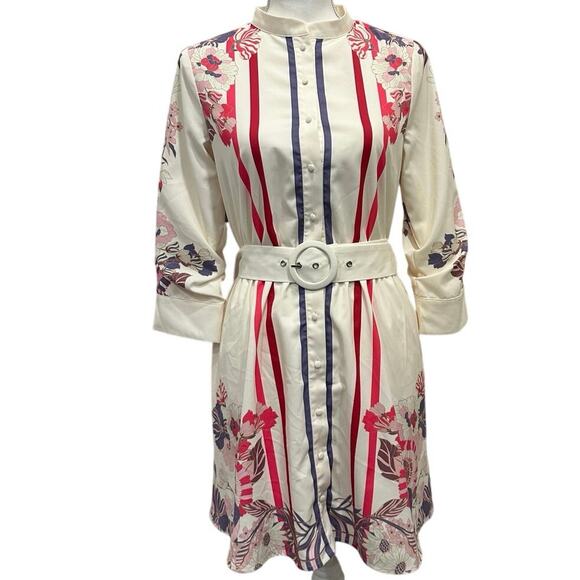 Ciebon Suzette Mixed Print Mini Shirt Dress Pink Multi Striped Floral Belted - Picture 2 of 10